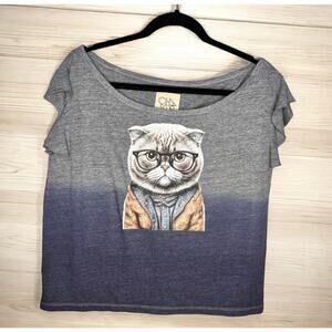 ☀️Chaser Gray Ombre Cat Lover Cat with Glasses Graphic Tee Size Small NWT